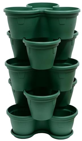 Engelland 5X Blumentopf, Säulentopf, Pflanzturm, Hochbeet, Pflanztopf-Kübel mit Untersetzer, stapelbar, widerstandsfähig, Kunststoff, für Außenbereich, 55 Liter, Farbe: Moos-Grün
