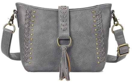 LUXCAELY Umhängetasche und Schultertasche für Damen, Retro- und moderner Stil, Dekorative Nieten und Quaste, PU-Leder – Ideal für Schule, Arbeit und Einkaufen - Grau