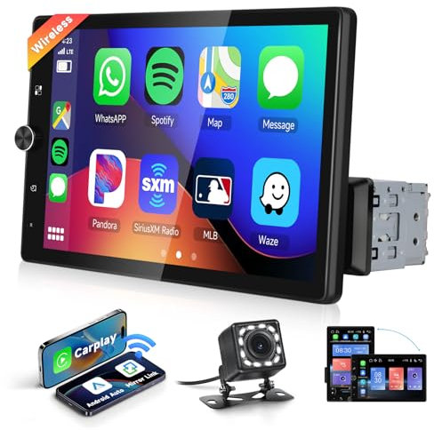 Podofo 10,4 1din Autoradio con touchscreen verticale girevole Carplay wireless Android Auto,1280 * 800,Auto Radio con Bluetooth GPS USB/MIC/SD/USB/AUX/EQ/SWC+12LED telecamera di retromarcia