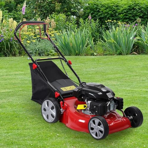 Wilitto Cortacésped autopropulsado a gas, 141 cc, motor de gas de 4 tiempos, cortacésped de empuje con tanque de césped de 50 L, cortacésped de gas con ruedas grandes, 3 en 1, cubierta de acero