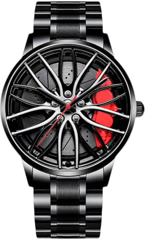 RORIOS Mode Herrenuhren Analoge Quarz Armbanduhr Car Hub Design Uhren Cool wasserdichte Uhr mit Edelstahl Armband für Männer Rot A