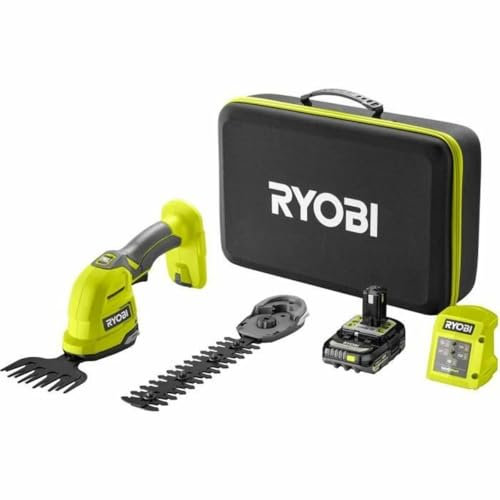 Ryobi -Cisaille à Gazon (Lame 120 mm) / sculpteur de végétaux (Lame 200 mm) 18V - livrée avec Mallette de Rangement - 1 Batterie 2Ah et 1 Chargeur - RY18GSA-120T, Vert