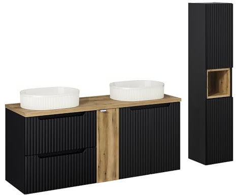Lomadox Badezimmer Badmöbel Set 2-teilig, schwarz mit Eiche, gerillte Front, wandhängend, 140cm Waschtisch