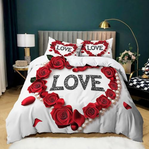 Copripiumino 260 cm x 220 cm Semplice Fiore Di Rosa Cuore Colorato, Copripiumino Accoglienti Con Chiusura A Cerniera, Set Di Biancheria Da Letto Con Stampa 3 Pezzi Per Bambini Adolescenti Adulti