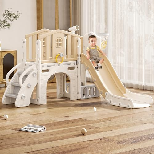 FUKEA 7-in-1 Kids Slide, Toddler Castle Slide with Stairs, Storage Box, Tunnel, Basketball Hoop, Ring Toss Set, Telescope, Garden Large Slide Playground for Toddlers age 1-6