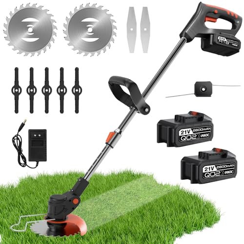 Qawner Débroussailleuse Electrique sans Fil, Coupe Bordure sans Fil avec Batterie, 3 Types De Lames, Débroussailleuse Batterie, Réglable en Hauteur, Léger, pour Jardin Élagage (2 Batteries)