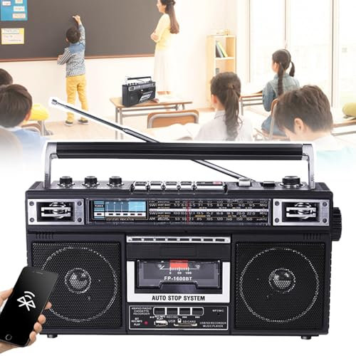Lettore di Cassette Portatile Bluetooth, Radio e registratore retrò con AM/FM/SW1-2, Supporta la Funzione di trascrizione, Scheda SD/USB, Riproduzione Audio HD duale, Stile retrò Anni '80