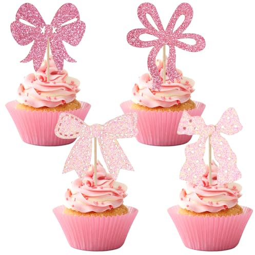 24Pcs Pink Bow Cupcake Toppers Glitter Bow Knot Cake Toppers Stickers Picks for Birthday Decorations for Wedding Baby Shower Bachelorette Party (24 PC Glitter Pink)