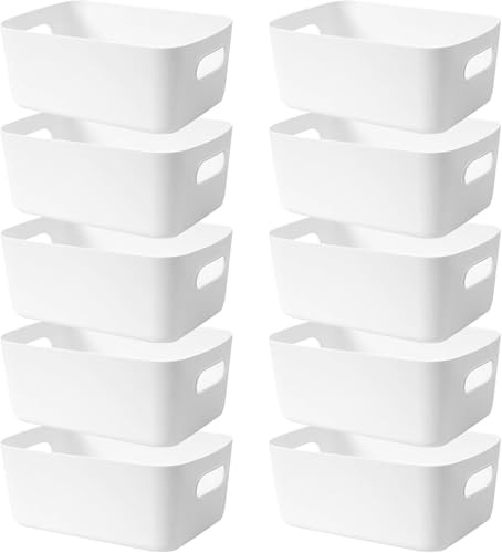 Lot de 10 boîtes de rangement en plastique avec poignées – Organiseur pour cuisine, salle de bain, étagère – Paniers plastiques robustes empilables (Blanc)
