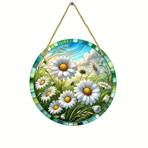 Tusensköna blommor blad målade fönster hängande solfångare, blomma målat glas solfångare fönsterprydnad målat glas panel solfångare vägg hängande dekor födelsedagspresenter