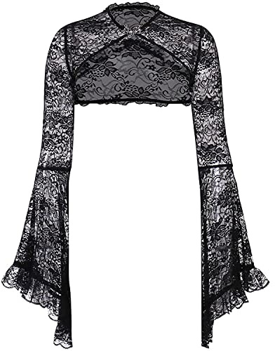 XKBHYD Womens Gothic Long Sleeve Crop Tops Y2k Punk Style Stand Neck Black Top Sexy Goth Lace Bolero