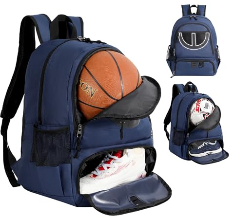 Basketball Bag Backpack for Men Women with Ball & Shoes Compartment 30L Capacity Lightweight Breathable Boys Girls Soccer Ball Bag Backpack Fit Volleyball Football Sports Travel School Gym Navy