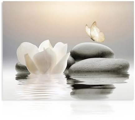 Dazzlewall Zen Canvas Wall Art White Lotus Flower Prints, Peaceful Stone Butterfly Breathe Picture for Bathroom Yoga Spiritual Spa Bedroom Living Room Decor 12×16 in Unframed