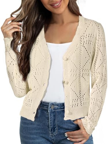 Allegra K Cardigan en Tricot Femme Gilet Court au Crochet Boutonné à Manches Longues Pull Léger à Col en V Ajouré Beige M