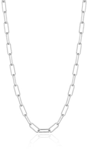 SKENUDY Silver Plated Stylish Long Stainless Steel Chunky oval Paperclip Link Chain Necklace For Women and Men Daily Wear Jewelry