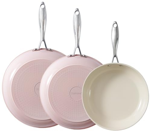 Ceramic Non Stick Frying Pan Set, UUKRAVE Induction Frying Pan, 20cm 24cm 28cm Ceramic Pan for Cooking with Stainless Handle, PFAS/PTFE/PFOA-Free, 8 9.5 11 Skillet Set, Oven Safe Max to 250°C, Pink