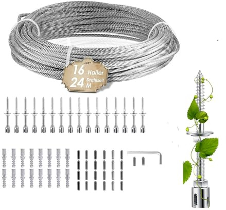 NEWFUN Supporto Piante Rampicanti, 24 M, 16 Supporti, Supporto in Acciaio Inossidabile per Piante Rampicanti Come Rose, viti e Pomodori, Supporto per Piante Rampicanti