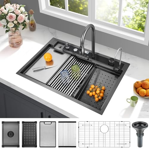 Kunoqi 33x22 Inch Smart Waterfal Kitchen Sink Workstation, Gunmetal Black Drop-In Sink Handmade 16 Gauge Stainless Steel Single Bowl