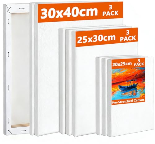 Koncci Leinwand zum Bemalen, 9 Stück 3 Größe Keilrahmen, 20x25, 25x30, 30x40cm(je 3 Stück), 280g/m² Dreifach Grundiert Baumwolle Leinwand, Leinwände für Acrylfarbe, Aquarell, Öl, Gouache