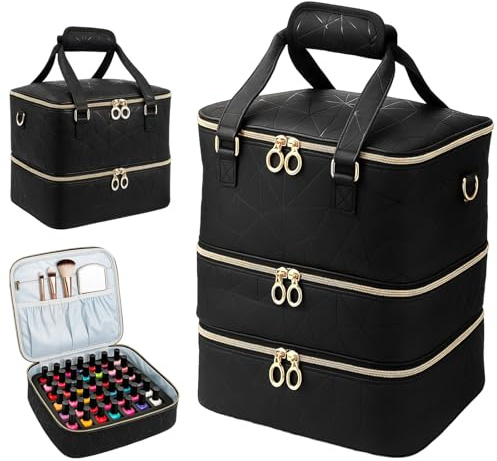Nail Polish Organizer Case with 3 Layers Holds 84 Bottles Nail Polish Storage for Nail Tech & DIY Kits, Portable Nail Bag Supplies Carrying Case - Black