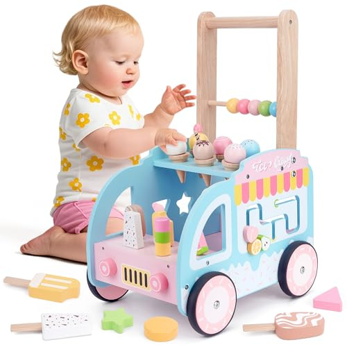 Melofaver Wooden Baby Walker with Wheels, Baby Push Walker Ice Cream Toy | Multifunctional Ice Cream Cart with Baby Activity Center, Push Walking Toys Girl Gift for 18+ Months Toddler Learning to Walk