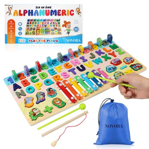 NOVORA Toddler Educational Toys – 6 in 1 Wooden Montessori Preschool learning Toy – Alphabet & Number Puzzle, Shape Sorter, Fishing Game, Math Stacker & Xylophone for Toddlers Ages 3-6