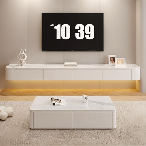 Meuble TV flottant mural avec tiroirs 160 cm - Console multimédia - Grand meuble TV de rangement pour salon - Texture blanche - Banc TV (62,9 pouces)