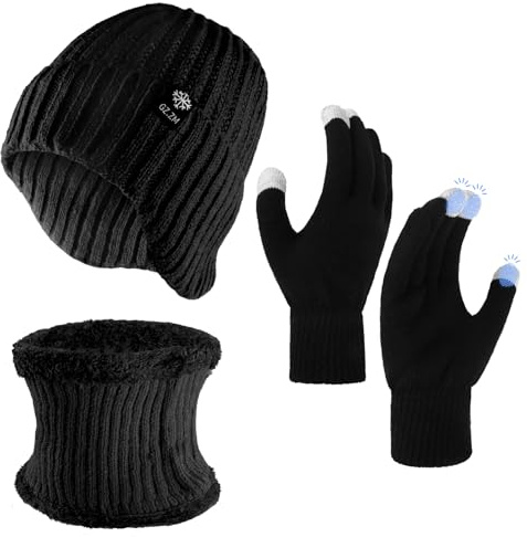 3 Stück Wintermütze Halswärmer Touchscreen Handschuhe Set für Herren Damen, Beanie Strickmütze mit Warmem Wollfutter und Ohrklappen, Loop Schal Warme Handschuhe, Unisex 3-in-1 Winter-Set (Schwarz)