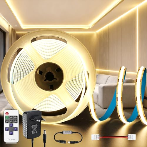 KSIBNW LED Streifen 5M Neutralweiß 4000K, Dimmbar 24V COB LED Strip Set mit Netzteil und Fernbedienung, 8mm Breite Lichtleiste Selbstklebend Hell Unterbauleuchte für Küche, Schlafzimmer, Wohnzimmer