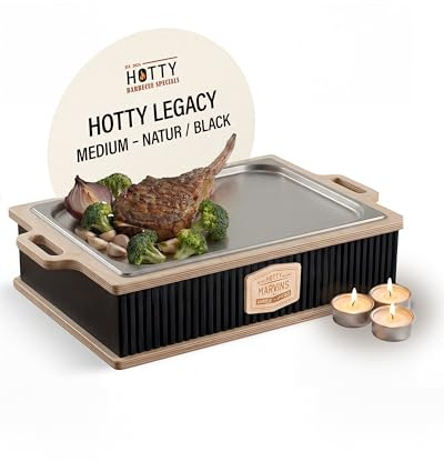 INEXTERIOR – Hotty Legacy Warmhalteplatte zum Grillen – BBQ Warmhaltebehälter für Speisen – Grillgut Stövchen – Speisenwärmer mit Teelicht – BBQ-Board für Grillpartys (All Black, M, personalisierbar)