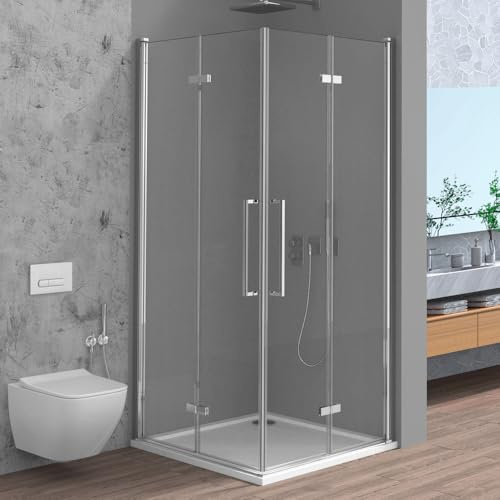 Box Doccia Angolare 70x70 Con Doppia Porta A Soffietto In Vetro Temperato Trasparente E Profili Cromati - Linea Neos - H 195 Cm E Spessore 6Mm