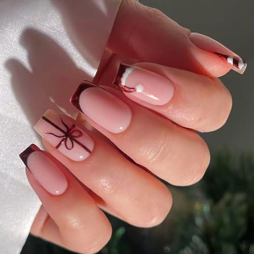 Paillettes de Noël 24 pièces Faux Ongles Courts Carrés Rouges French Manucure Surfaces Brillantes Pour la Saison des Cadeaux Paillettes Courtes Faux Ongles à Coller