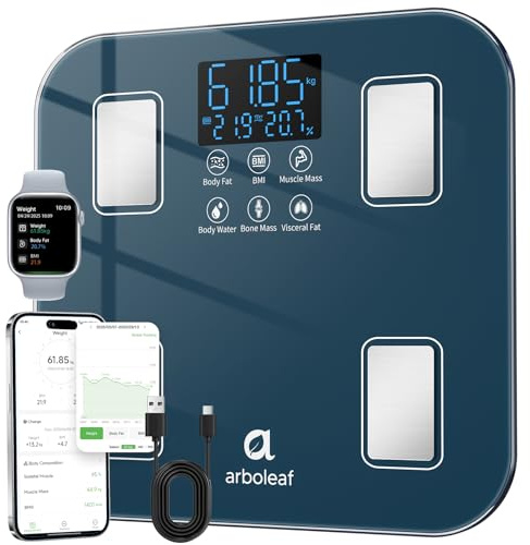arboleaf Balance impédancemètre rechargeable USB, pese personne masse graisseuse et muscle pour le calcul de l'IMC et 14 autres paramètres. Balance pese personne sans pile, jusqu'à 180 kg