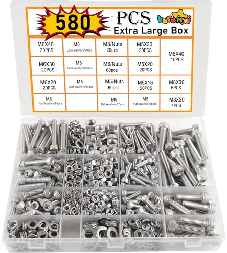 huruirui 580pcs M5 M6 M8 Jeu de Vis et écrous Vis Boulon et écrous à Six Pans Creux 304 Visserie Inox Assortiment Ecrous et Boulons Rondelles Kit pour Réparation Bricolage Mécanique