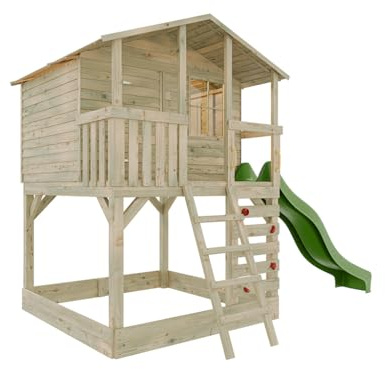belladoor Stelzenhaus Henry Grün 225x216 cm Stelzenhaus mit Rutsche, Kletterwand und Sandkasten, Kesseldruckimprägniertes Kiefernholz, Inklusive Wellenrutsche und überdachter Veranda, 0 x 0 x 0 cm