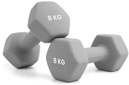 unycos - Neopren Hanteln【2er-Sets, 8 kg】Hexagon Kurzhanteln, Rutschfest für Damen und Männer, Anti-Roll-Design, Fitnessstudio, Krafttraining, Pilates, Gymnastik/Fitnessgeräte für Zuhause (Grau)