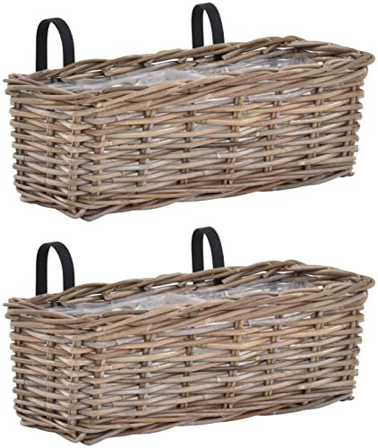 Krines Home Set / 2 Balkonkorb Grau Balkon Geländer Pflanz-Korb Blumen-Topf Natur Rattan Balkonkasten Pflanzgefäß mit Folie (2, Rechteckig groß)