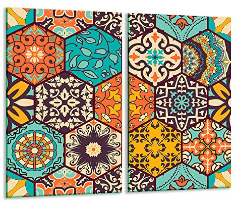 TMK | Herdabdeckplatten ceranfeld 2 Teilig 30x52 cm | Ceranfeldabdeckung Küche Elektroherd Induktion | Herdschutz Spritzschutz | Glasplatte Schneidebrett | Bunt Mosaik
