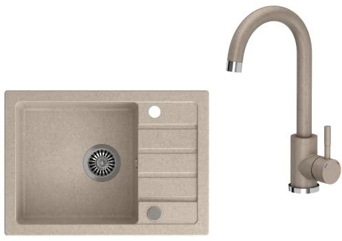 VBChome Spülbecken mit Armatur 62 x 44 cm Grau Spüle Einzelbecken Küche Einbauspüle Verbundspüle Küchenspüle gesprenkelt flächenbündig Siphon Waschbecken