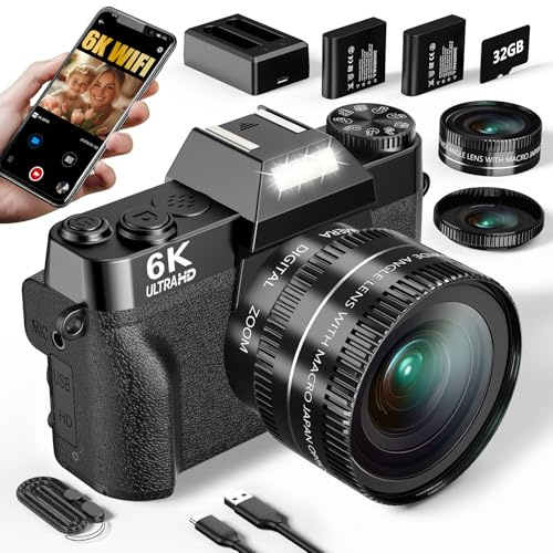 Fotocamera digitale 6K per fotografia, fotocamera Vlogging 64MP per YouTube | 3 pollici 180 ° Flip Screen 16X Zoom Autofocus Compact Travel Beauty Camera per ragazzi, con 32GB Micro SD Card