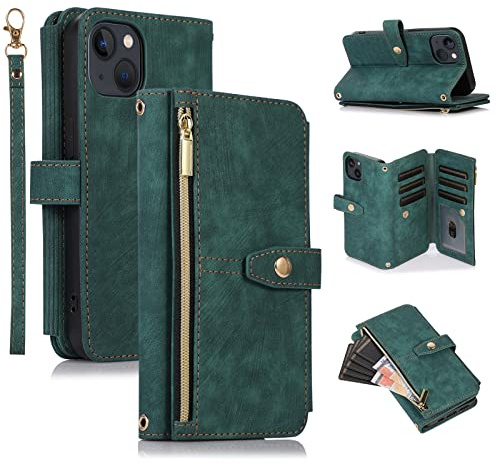 UEEBAI Hülle für iPhone 13 Mini 5.4 inch, 9 Kartenfäche Retro Leder Klapphüllen Stoßfest Flip Case mit Handschlaufe Standfunktion Reißverschluss Handyhülle Magnetverschluss – Retro Grün