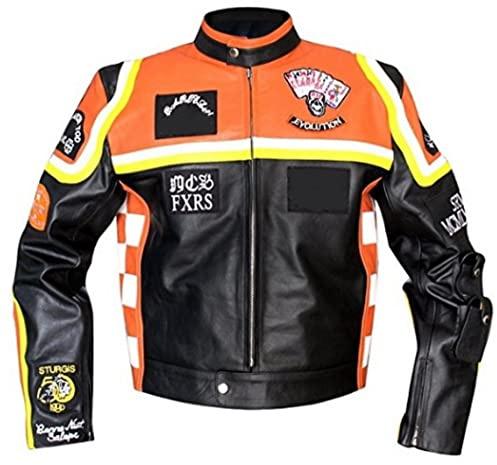 Aksah Fashion Veste de motard en cuir pour homme HDDM Mickey Rourke | Veste en cuir de vache orange et noire, multicolore, M