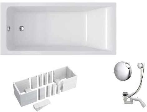 VBChome Badewanne 150x70 cm Acryl SET Wannenträger Siphon Wanne Rechteck Weiß Design Modern Styroporträger Ablaufgarnitur in Chrom