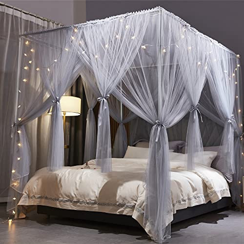 VETHIN Betthimmel-Vorhang mit 4 Ecken, doppelschichtig, gemütliches Drapiernetz, 4 Öffnungen, Moskitonetz für Mädchen und Erwachsene, Schlafzimmer, Dekoration, Zubehör (doppelt grau, 119,4 cm B x