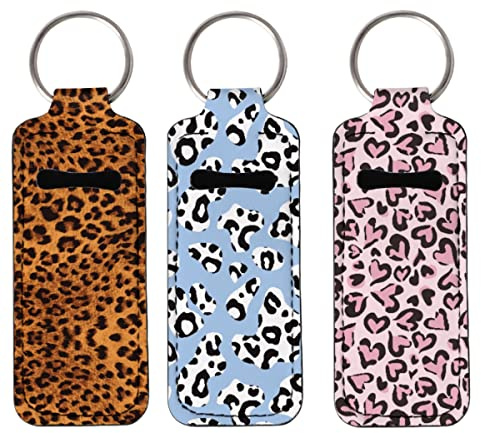 ENLACHIC 3 Pcs Cute Print Chapstick Holder Keychain Lip Balm Holder Sleeve Pouch Clip-on Lipstick Holder Keychains for Women Girls,Leopard Print