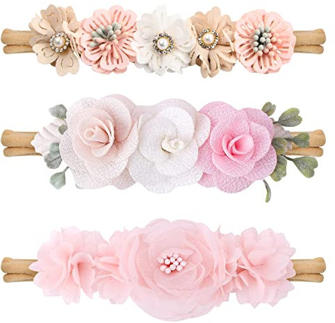 3 Pcs Baby Haarband Mädchen 0-3 Jahre, Stretchy Nylon Baby Stirnband mit Blumen Spitze Perle, Stirnbänder Neugeboren Weich Niedlich Floral Haarbänder Dünne, Haarreif für Kleinkind Party Fotografie (D)