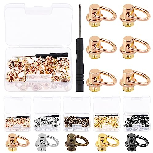 Glarks 41Pcs D Ring Nieten Kit Light Gold Ball Post Kopf Knöpfe Metall D Ring Nieten Drehbare runde Nieten mit Schraubendreher für Taschen, Gürtel, DIY Leder Handwerk