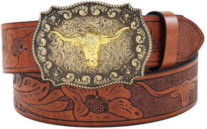 WANGCL Western-läderbälte med spänne, blommigt präglat bälte, spänne med Longhorn-tjur, för män, 120 cm (47,3 tum), Guld, en storlek