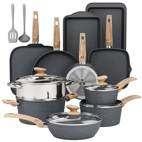 DishDelight 17 Piece Nonstick Pots & Pans Set，Induction Nonstick Kitchen Cookware Sets，Nonstick Induction Cookware w/ Frying Pans & Saucepan Set，Non-toxic Kitchen Cooking Set，Gray (KA-CS01-014-Bgrey)