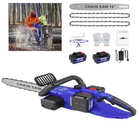 HSHa Motosierra de mano de 16 pulgadas, con 2 baterías de 4,0 Ah y cargador, lubricador automático y guía de cadena de 41 cm, color azul